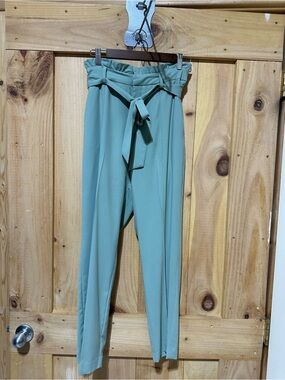 High-Waist Paperbag Belted Pants in Sage Green